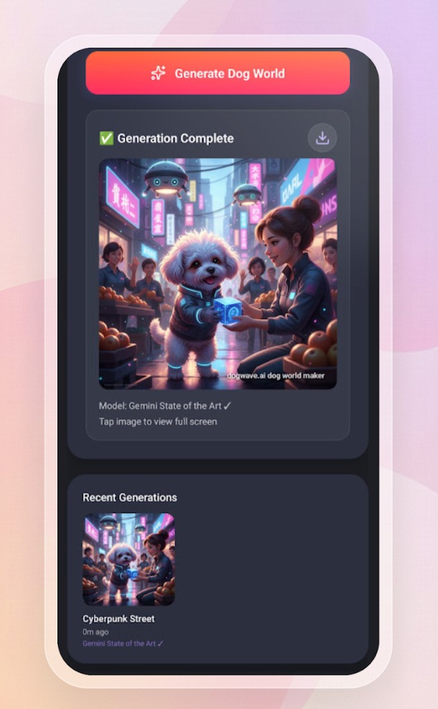 No ads ever — generate dog world screen